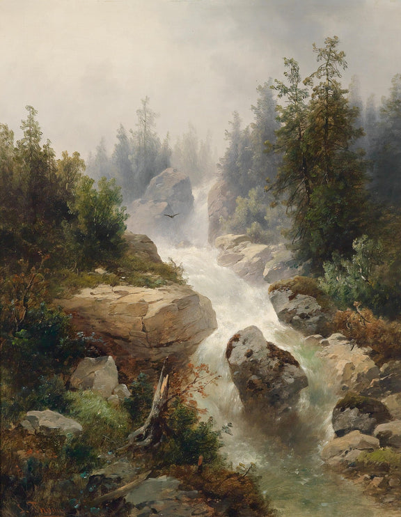Landscape Oil Painting - Rushing Mountain Stream, Rapids & Misty Woodland - Oil Painting Haven