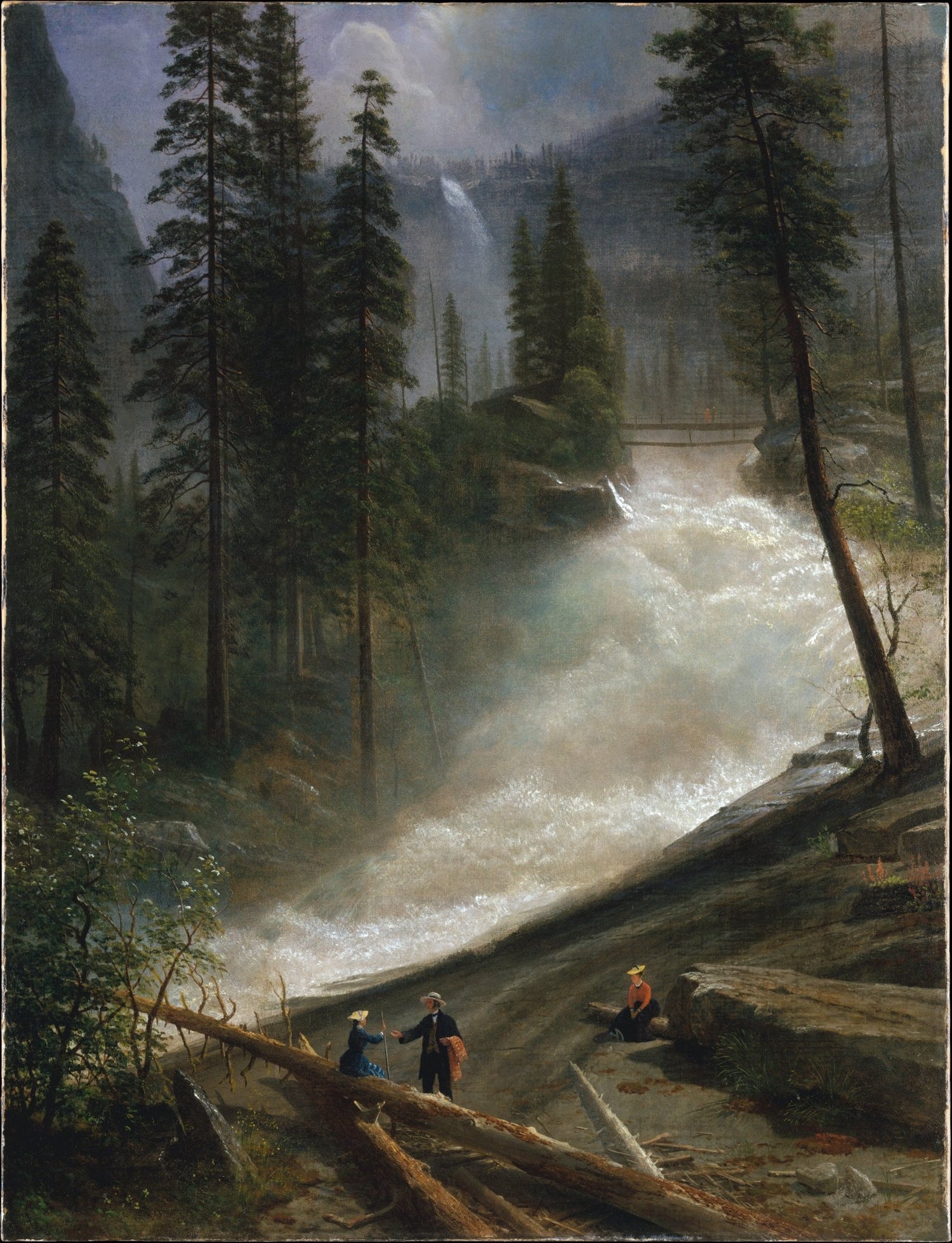 Peinture à l'huile de paysage - Rivière impétueuse avec personnages dans la forêt