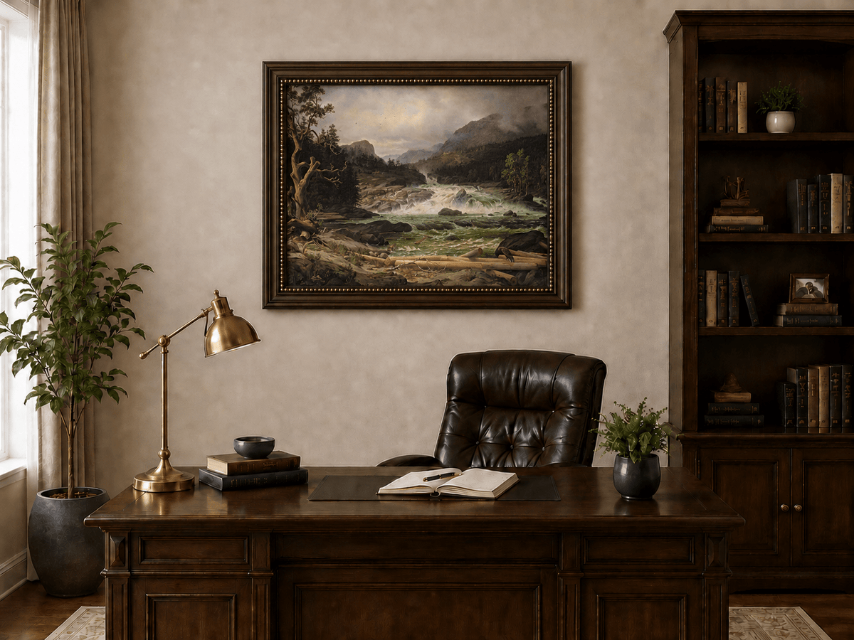 Landscape Oil Painting - Rushing River in Mountain Forest Logs