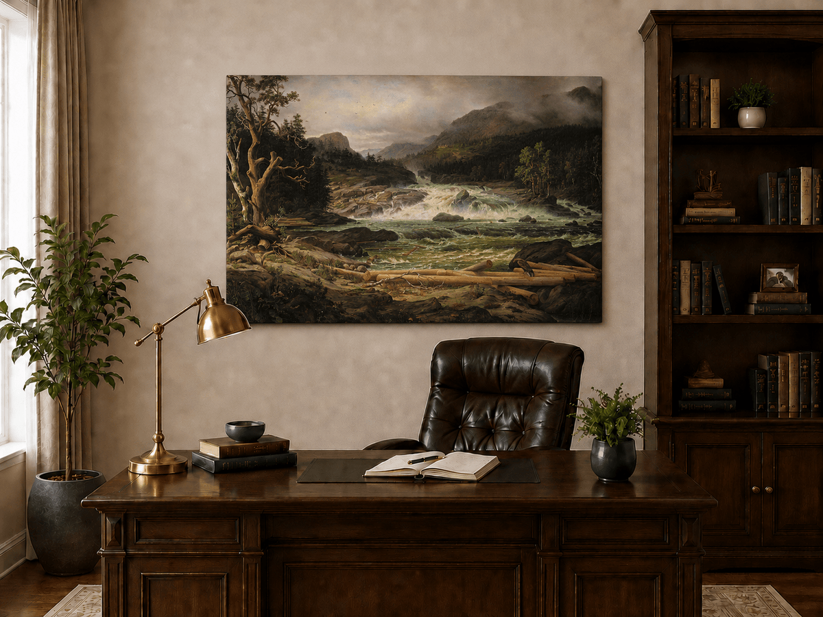 Landscape Oil Painting - Rushing River in Mountain Forest Logs