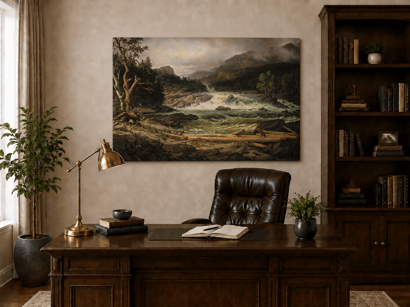 Landscape Oil Painting - Rushing River in Mountain Forest Logs