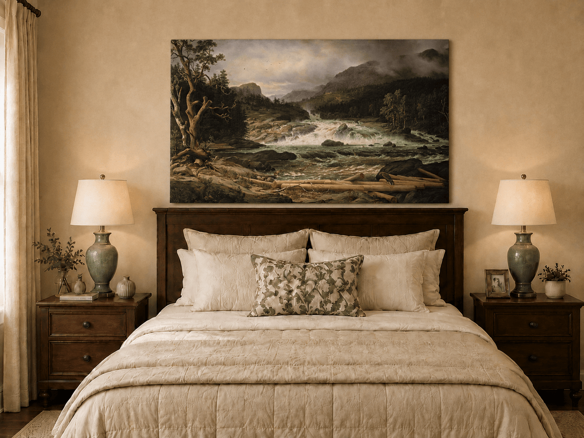 Landscape Oil Painting - Rushing River in Mountain Forest Logs