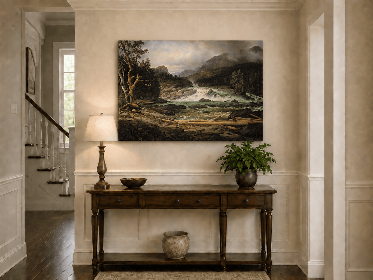 Landscape Oil Painting - Rushing River in Mountain Forest Logs