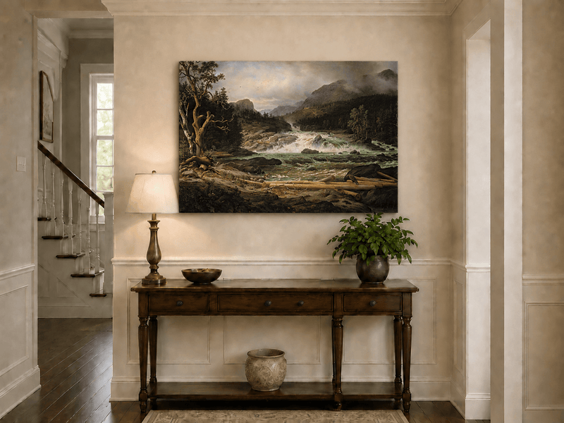 Landscape Oil Painting - Rushing River in Mountain Forest Logs