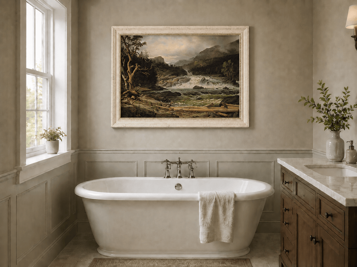 Landscape Oil Painting - Rushing River in Mountain Forest Logs