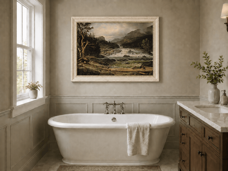 Landscape Oil Painting - Rushing River in Mountain Forest Logs