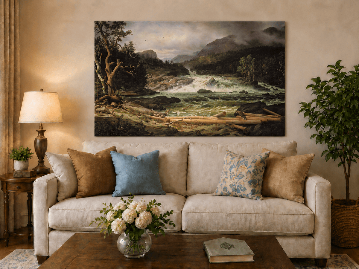 Landscape Oil Painting - Rushing River in Mountain Forest Logs
