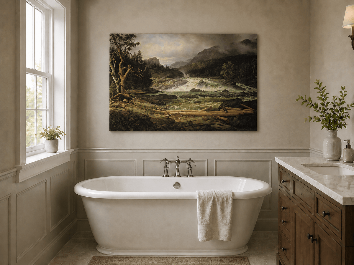 Landscape Oil Painting - Rushing River in Mountain Forest Logs