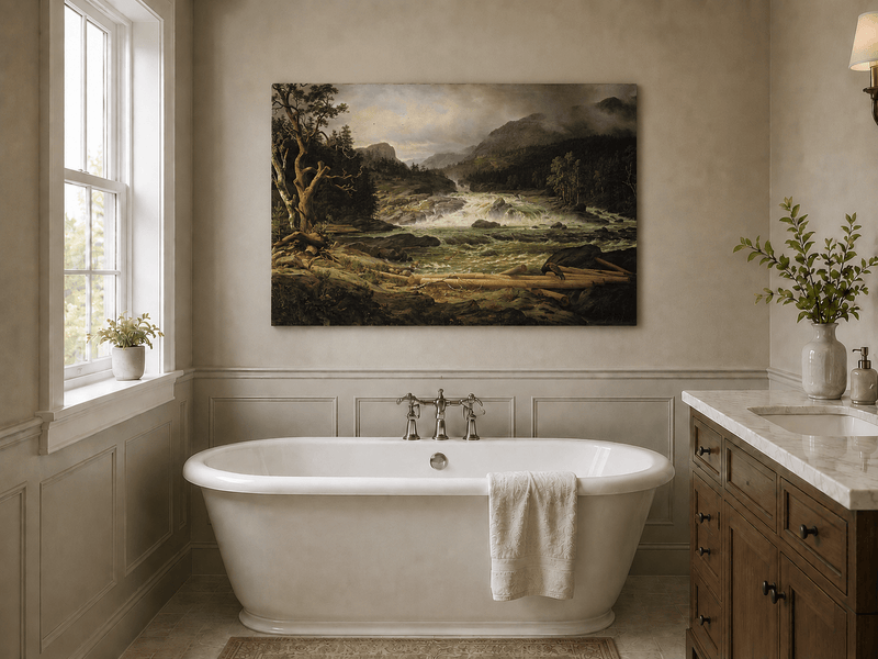 Landscape Oil Painting - Rushing River in Mountain Forest Logs