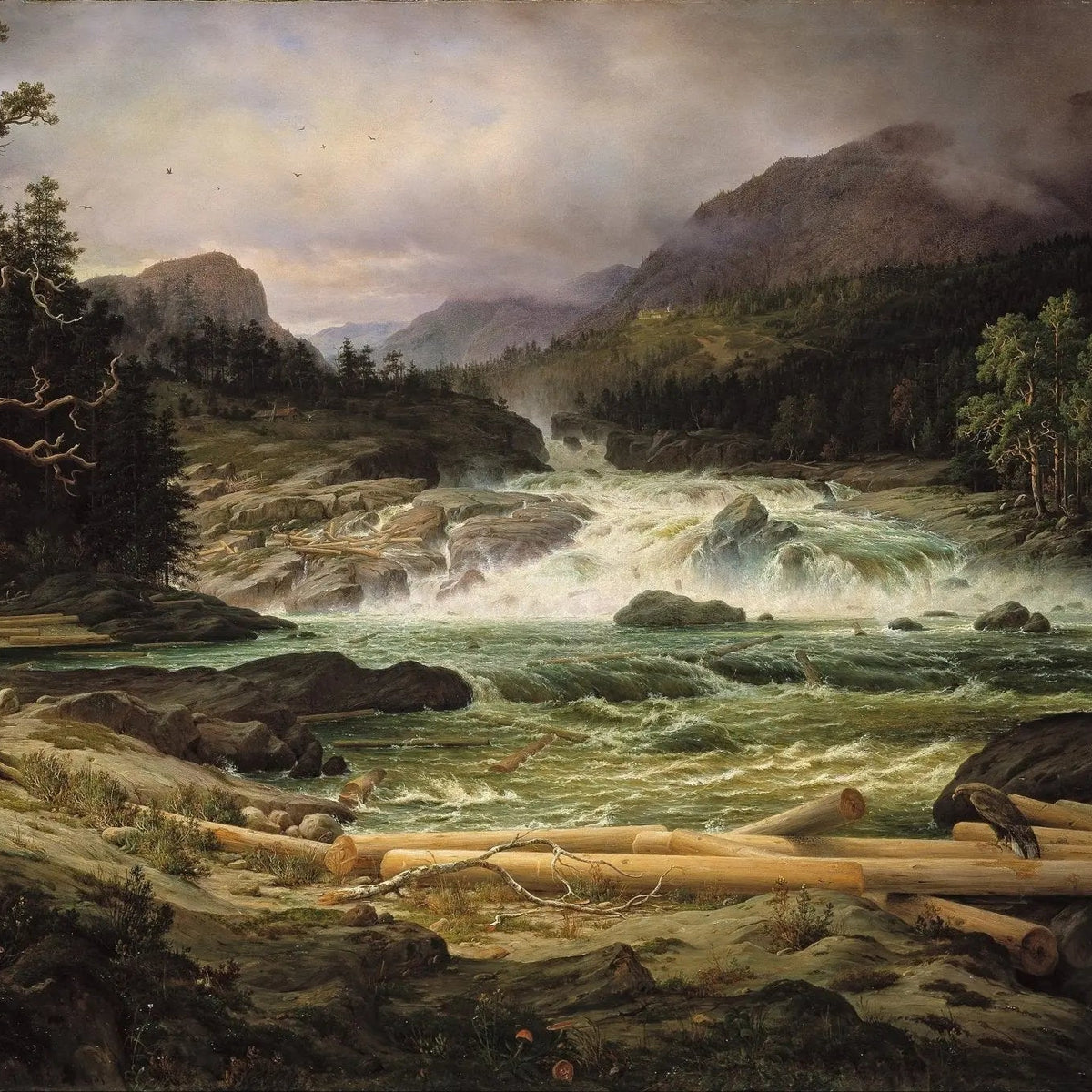 Landscape Oil Painting - Rushing River in Mountain Forest with Logs - Oil Painting Haven