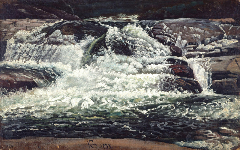 Hand-painted rushing waterfall over rocky stream landscape oil painting on canvas