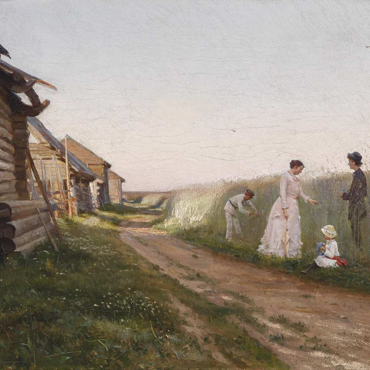 Landscape Oil Painting - Russian Rural Cottage & Family, Dirt Path - Oil Painting Haven