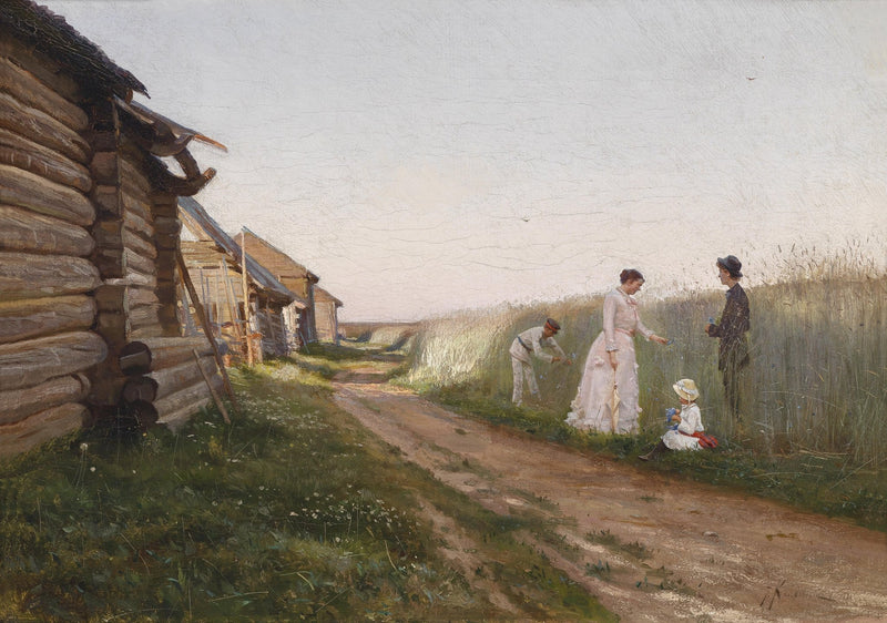 Landscape Oil Painting - Russian Rural Cottage & Family, Dirt Path - Oil Painting Haven