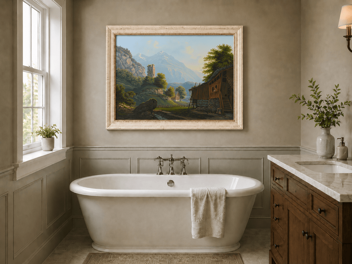 Landscape Oil Painting - Rustic Alpine Cottage and Ruined Tower