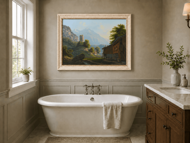 Landscape Oil Painting - Rustic Alpine Cottage and Ruined Tower