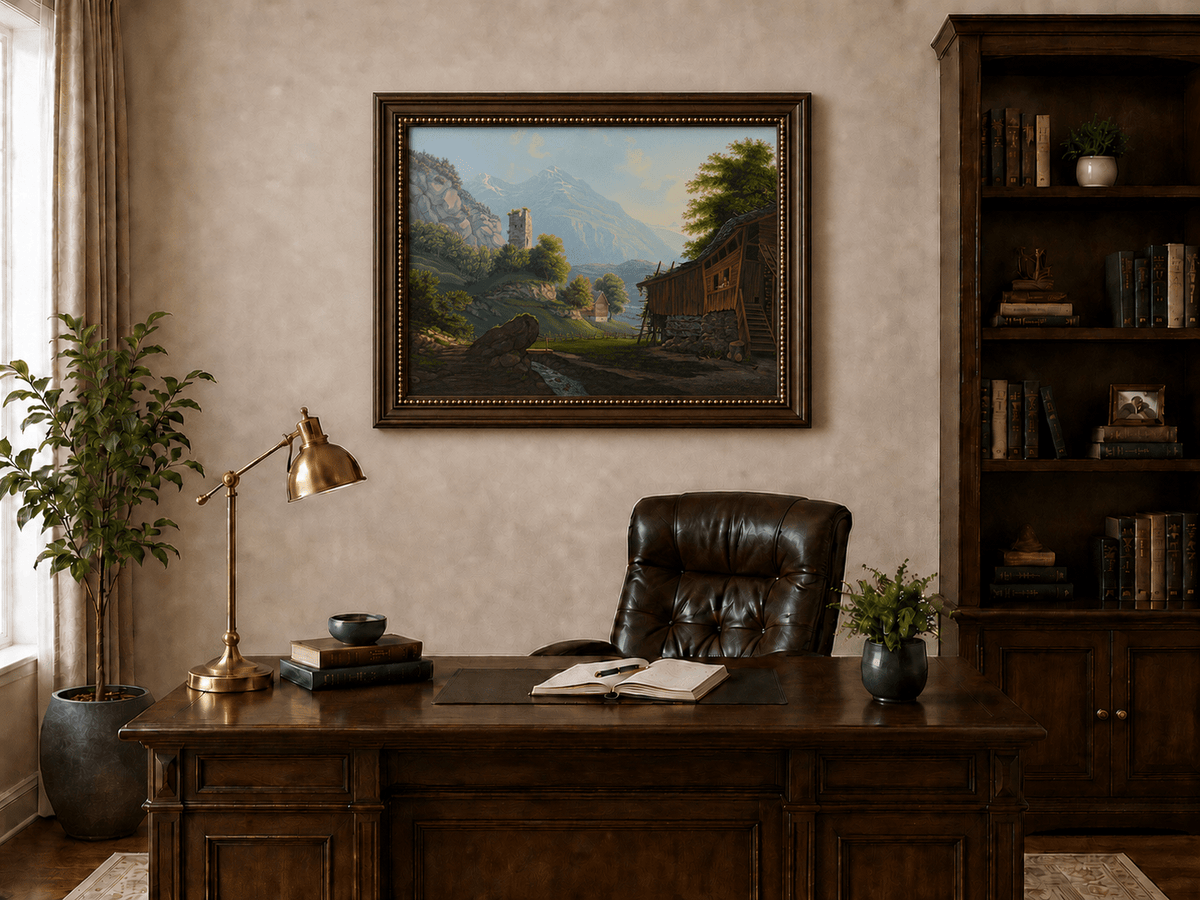 Landscape Oil Painting - Rustic Alpine Cottage and Ruined Tower