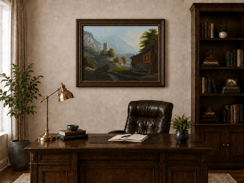 Landscape Oil Painting - Rustic Alpine Cottage and Ruined Tower