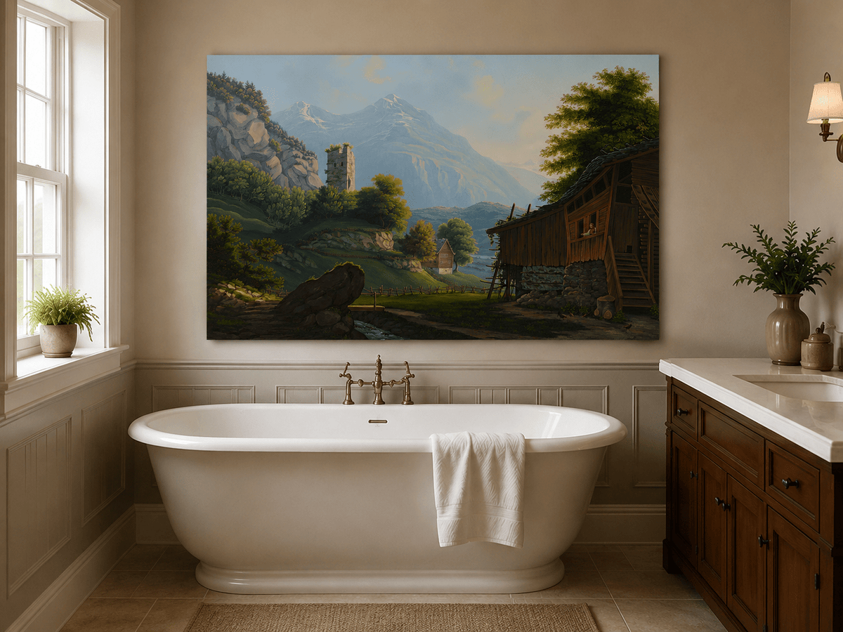 Landscape Oil Painting - Rustic Alpine Cottage and Ruined Tower