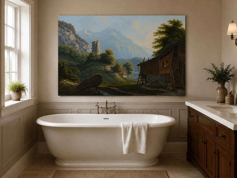 Landscape Oil Painting - Rustic Alpine Cottage and Ruined Tower