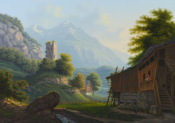 Landscape Oil Painting - Rustic Alpine Cottage and Ruined Tower - Oil Painting Haven