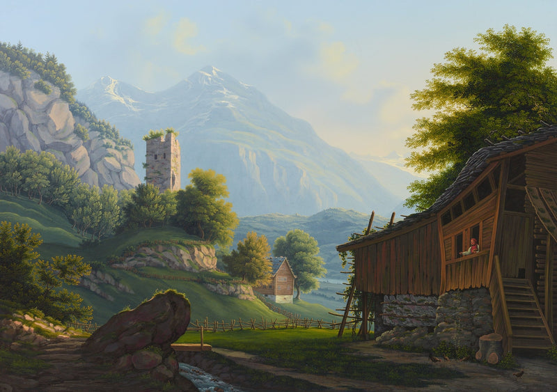 Landscape Oil Painting - Rustic Alpine Cottage and Ruined Tower - Oil Painting Haven