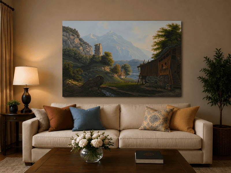 Landscape Oil Painting - Rustic Alpine Cottage and Ruined Tower