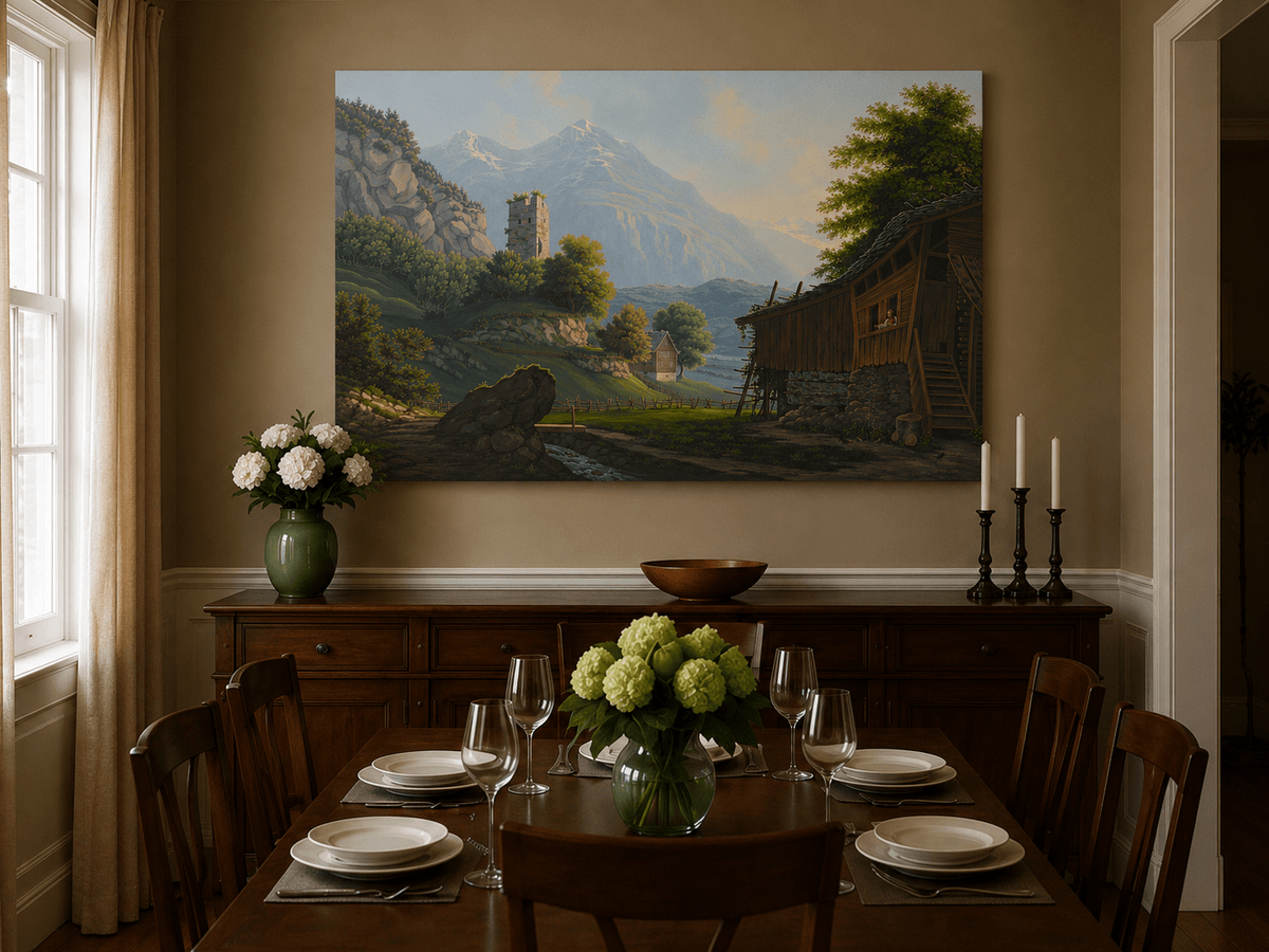 Landscape Oil Painting - Rustic Alpine Cottage and Ruined Tower