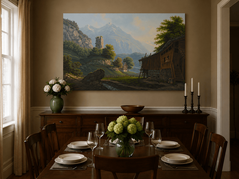 Landscape Oil Painting - Rustic Alpine Cottage and Ruined Tower