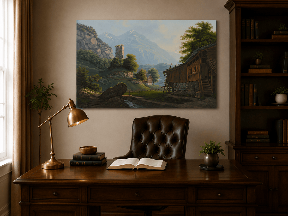 Landscape Oil Painting - Rustic Alpine Cottage and Ruined Tower