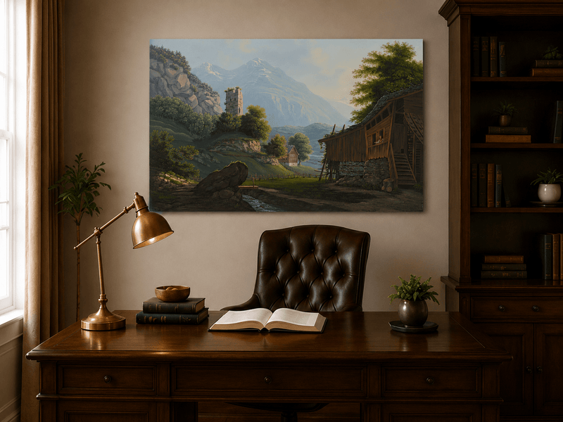 Landscape Oil Painting - Rustic Alpine Cottage and Ruined Tower