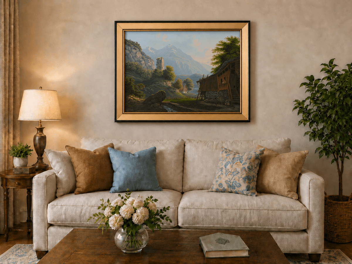Landscape Oil Painting - Rustic Alpine Cottage and Ruined Tower