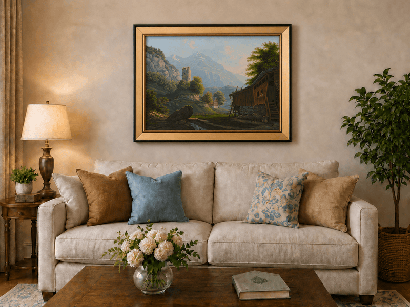 Landscape Oil Painting - Rustic Alpine Cottage and Ruined Tower