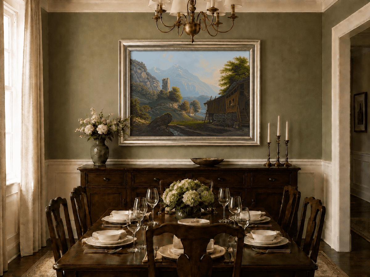 Landscape Oil Painting - Rustic Alpine Cottage and Ruined Tower