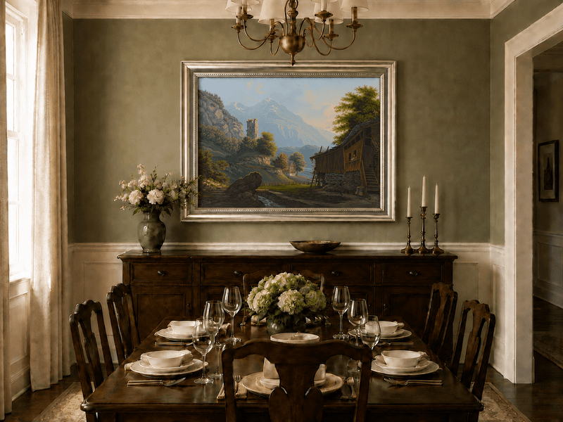 Landscape Oil Painting - Rustic Alpine Cottage and Ruined Tower