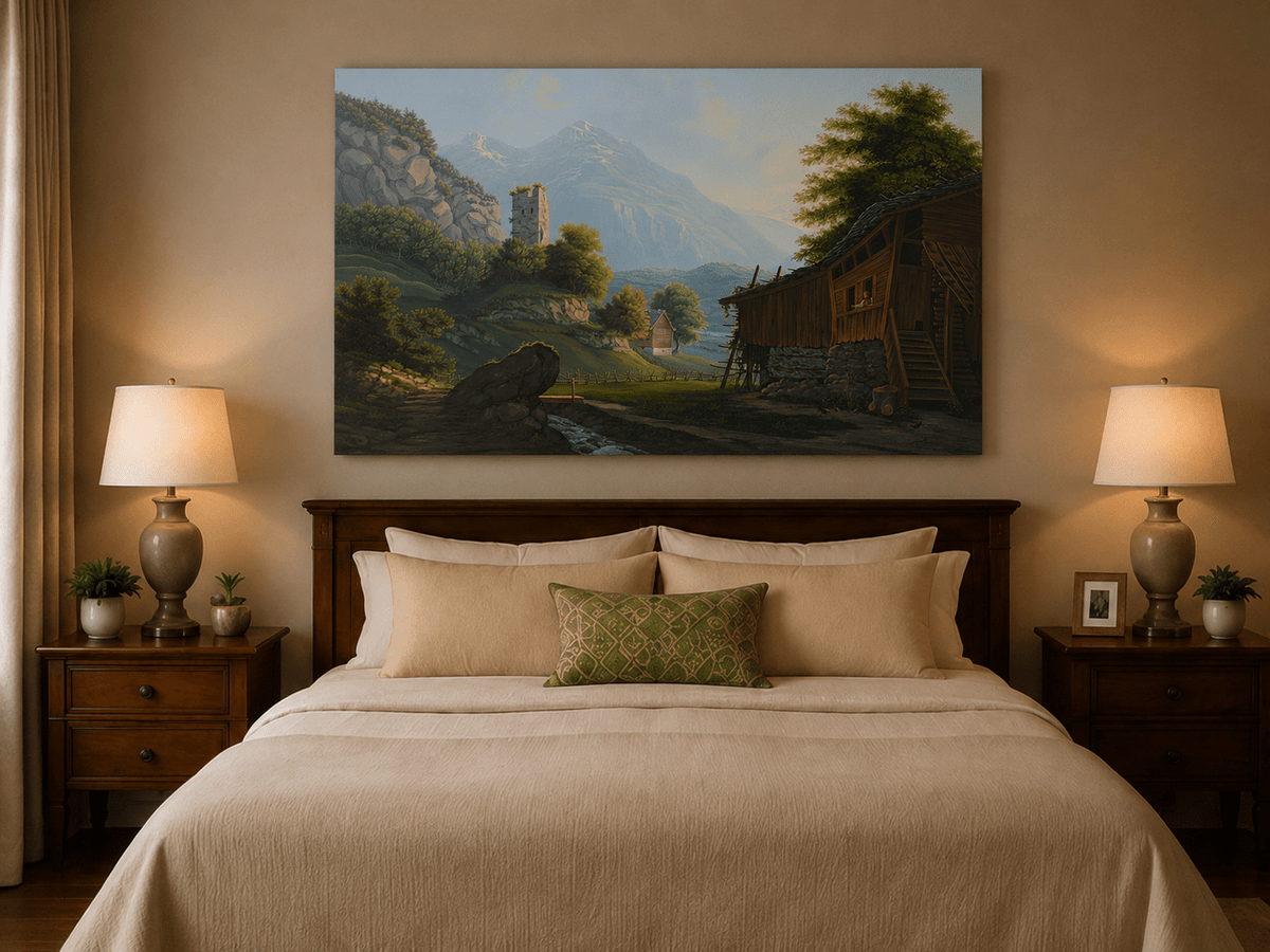 Landscape Oil Painting - Rustic Alpine Cottage and Ruined Tower