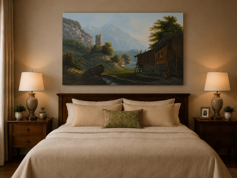 Landscape Oil Painting - Rustic Alpine Cottage and Ruined Tower