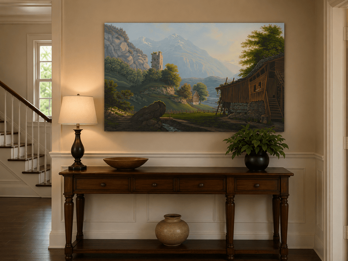 Landscape Oil Painting - Rustic Alpine Cottage and Ruined Tower