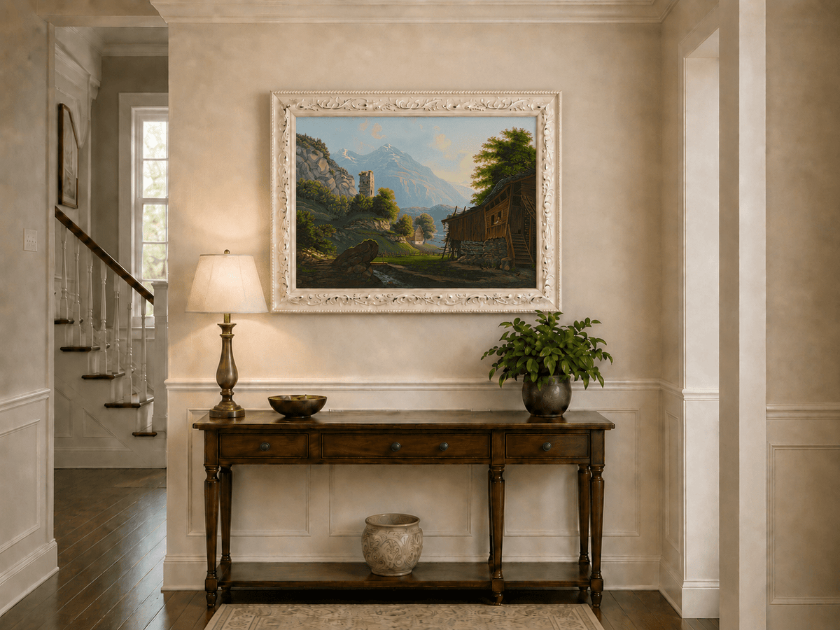 Landscape Oil Painting - Rustic Alpine Cottage and Ruined Tower