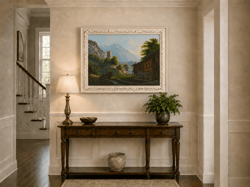 Landscape Oil Painting - Rustic Alpine Cottage and Ruined Tower