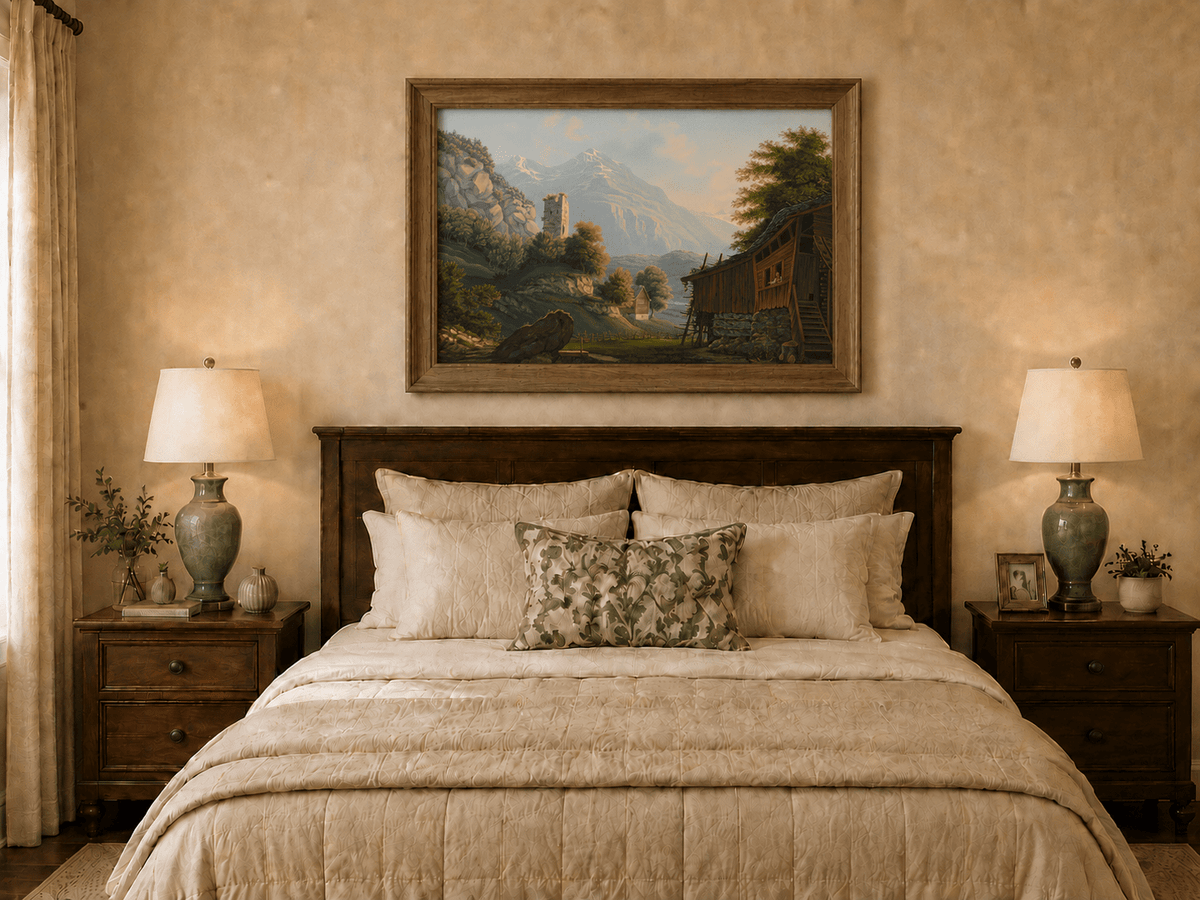 Landscape Oil Painting - Rustic Alpine Cottage and Ruined Tower