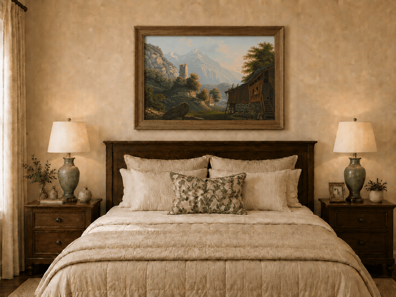 Landscape Oil Painting - Rustic Alpine Cottage and Ruined Tower