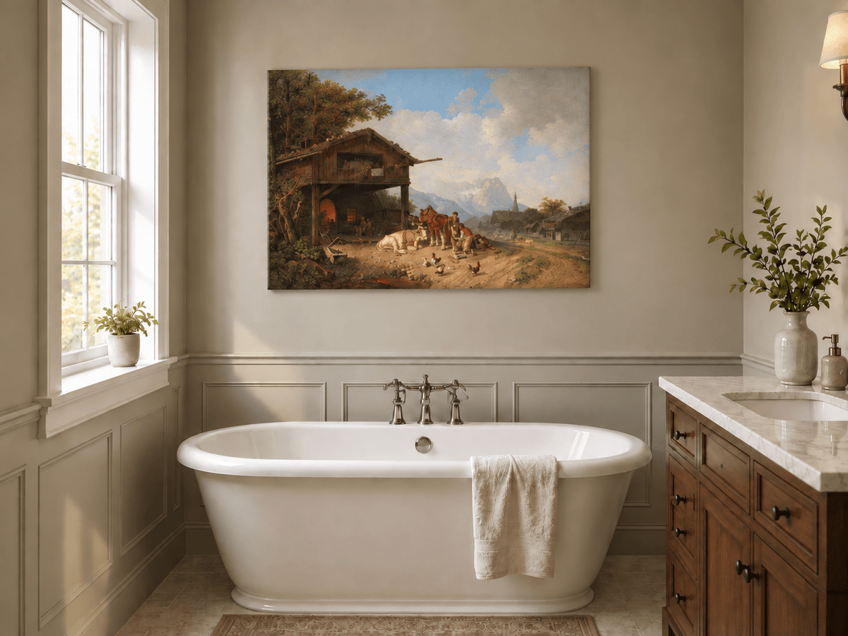 Peinture à l'huile de paysage - Chevaux de ferme rustique des Alpes | Peint à la main
