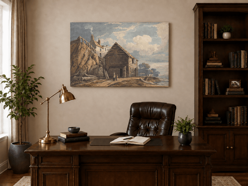 Peinture à l'huile de paysage - Gouffre rocheux spectaculaire avec personnages
