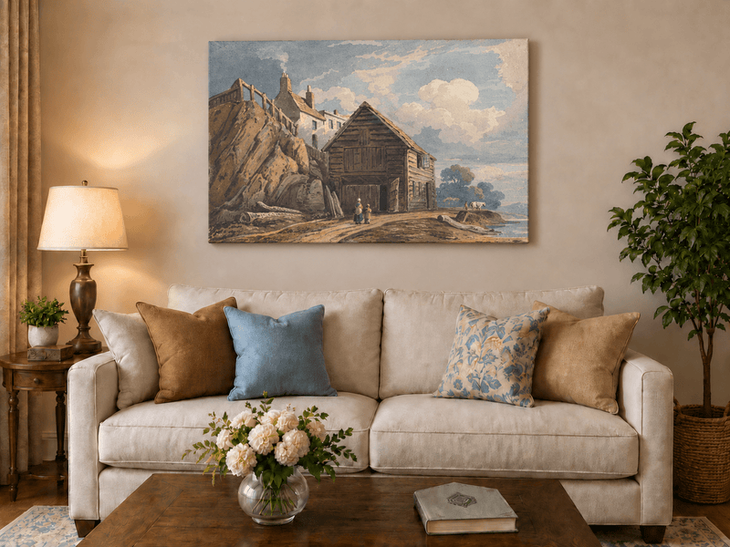 Peinture à l'huile de paysage - Gouffre rocheux spectaculaire avec personnages