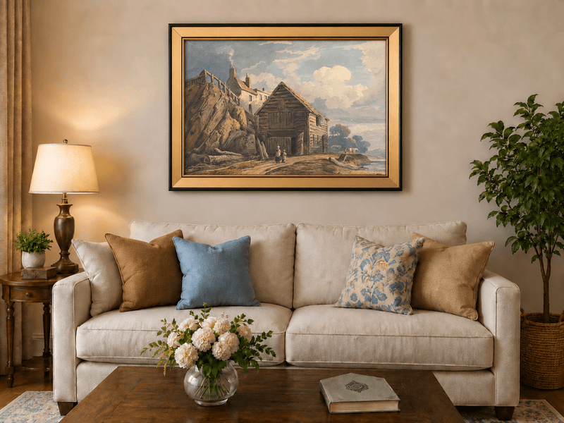 Peinture à l'huile de paysage - Gouffre rocheux spectaculaire avec personnages