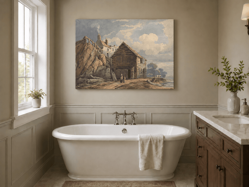 Peinture à l'huile de paysage - Gouffre rocheux spectaculaire avec personnages