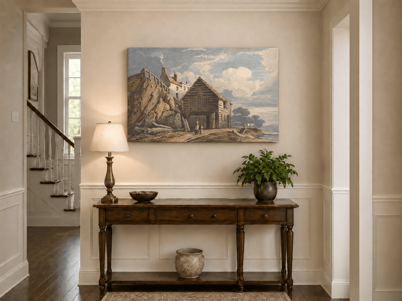 Peinture à l'huile de paysage - Gouffre rocheux spectaculaire avec personnages