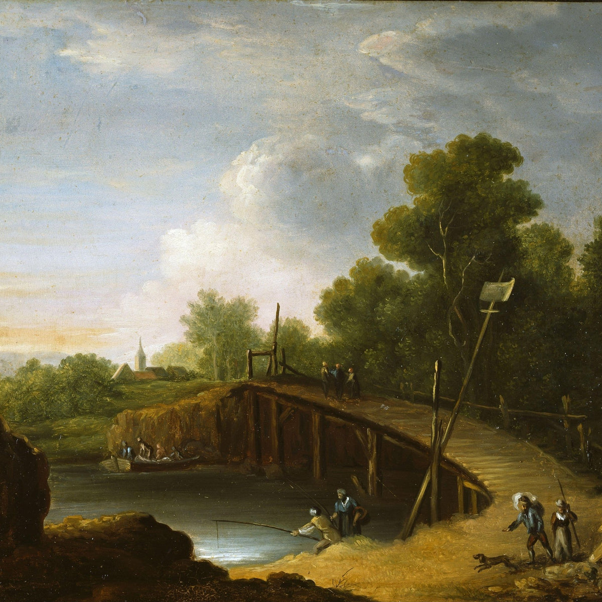 Landscape Oil Painting - Rustic Bridge and Riverside Figures - Oil Painting Haven