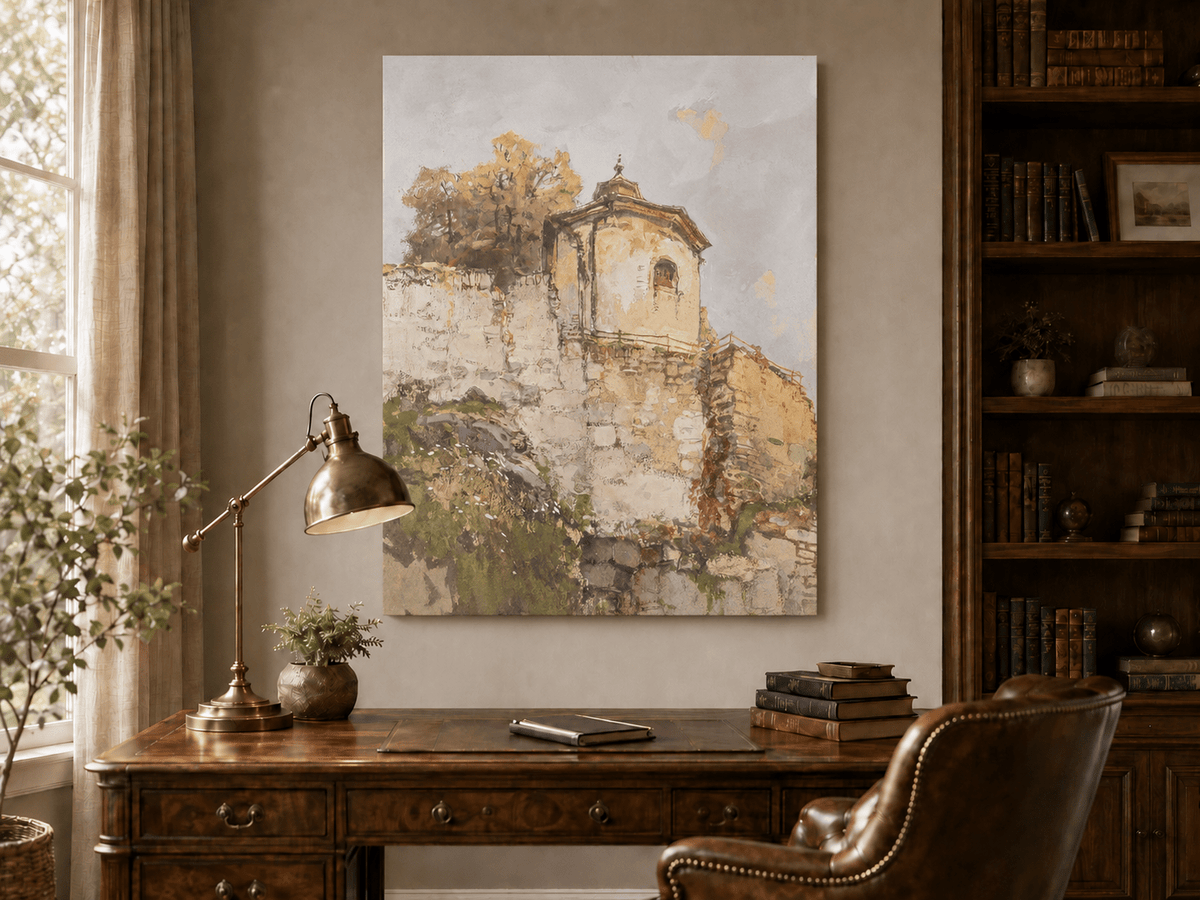 Peinture à l'huile de paysage - Rivière printanière avec pêcheur et arbres