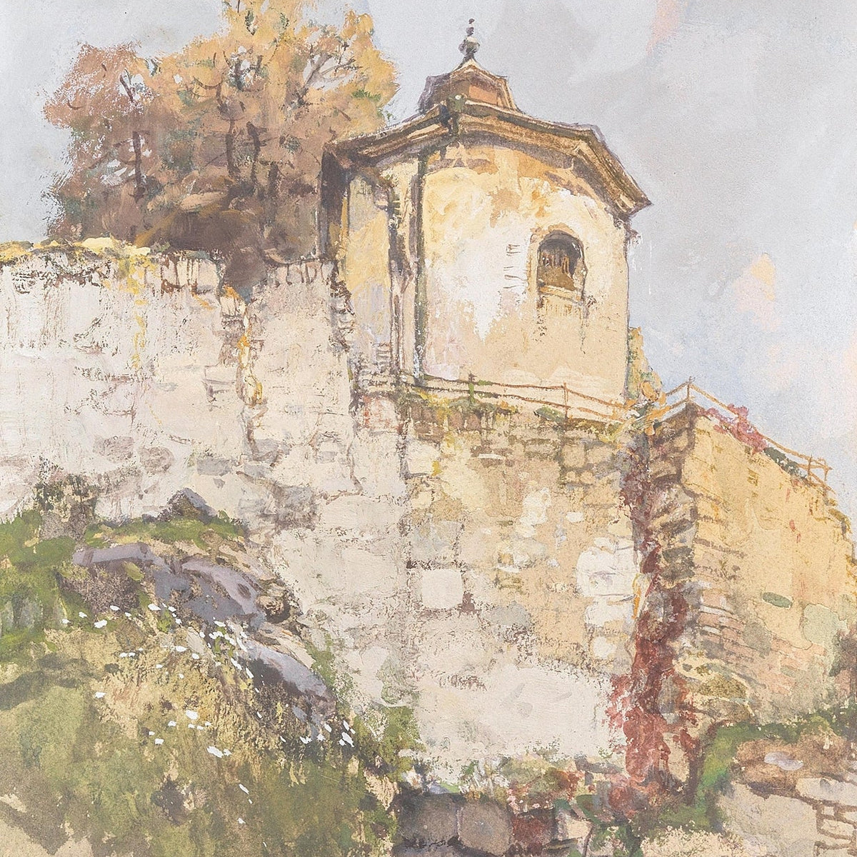 Hand-painted rustic chapel on a hillside stone wall landscape oil painting on canvas